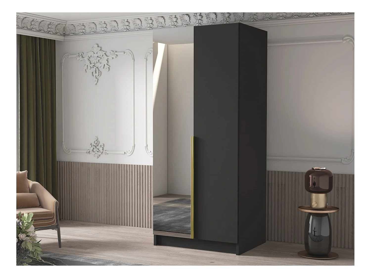 Armoire Closico 194, Doré|Noir, 215x100x58cm, Portes d'armoire: Avec des charnières