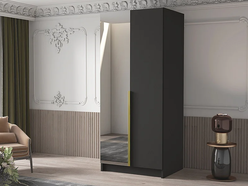 Armoire Closico 194, Noir|Doré, 215x100x58cm, Portes d'armoire: Avec des charnières