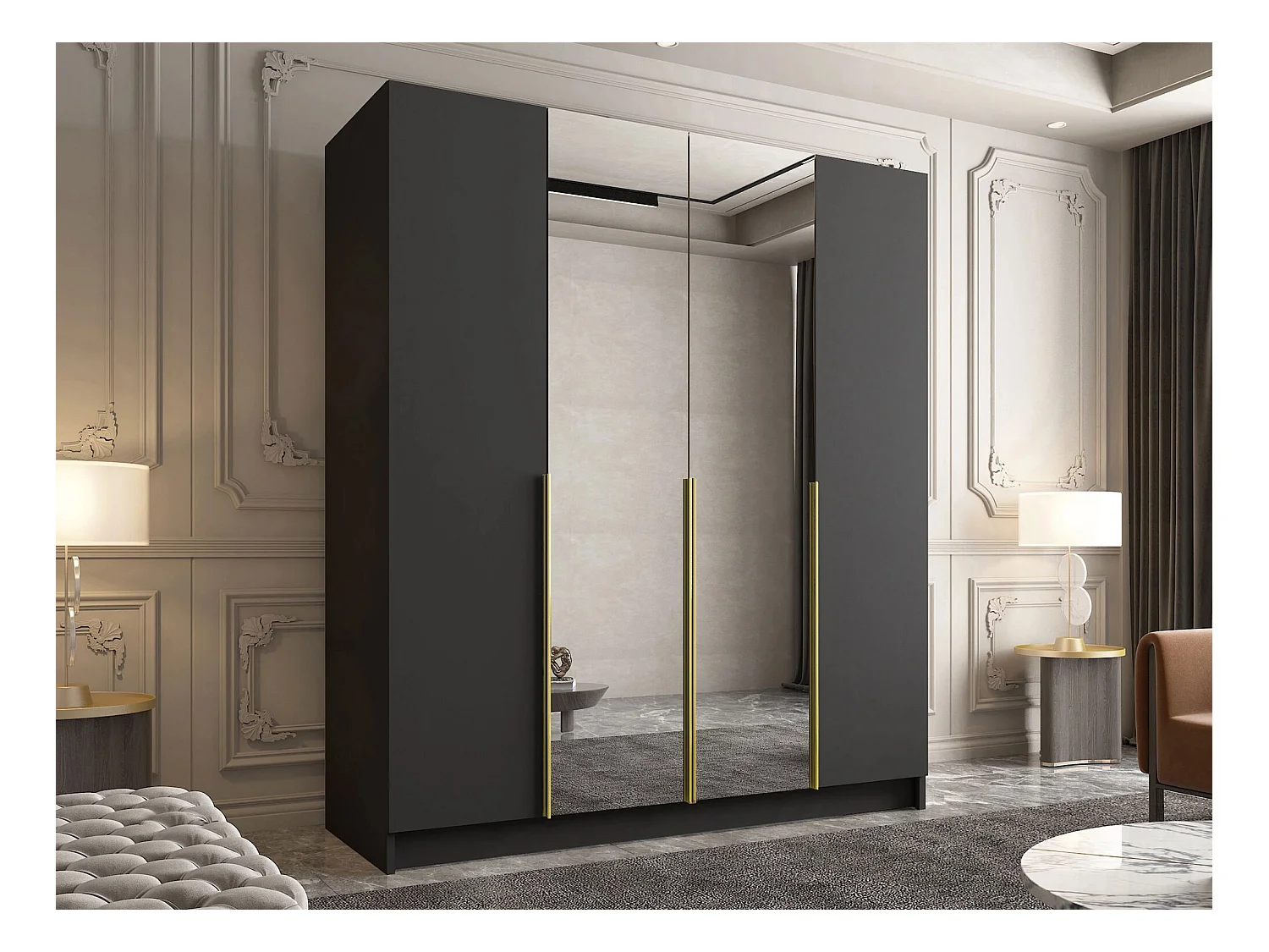 Armario Closico 191, Dorado|Negro, 215x200x58cm, Puertas de armario: Con bisagras