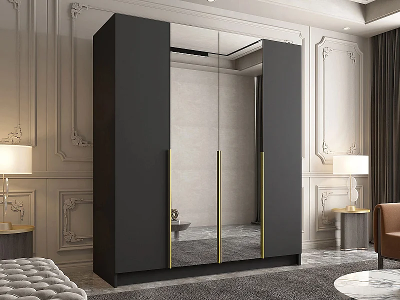 Armoire Closico 191, Doré|Noir, 215x200x58cm, Portes d'armoire: Avec des charnières