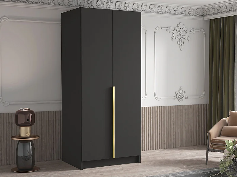 Armoire Closico 195, Noir|Doré, 215x100x58cm, Portes d'armoire: Avec des charnières