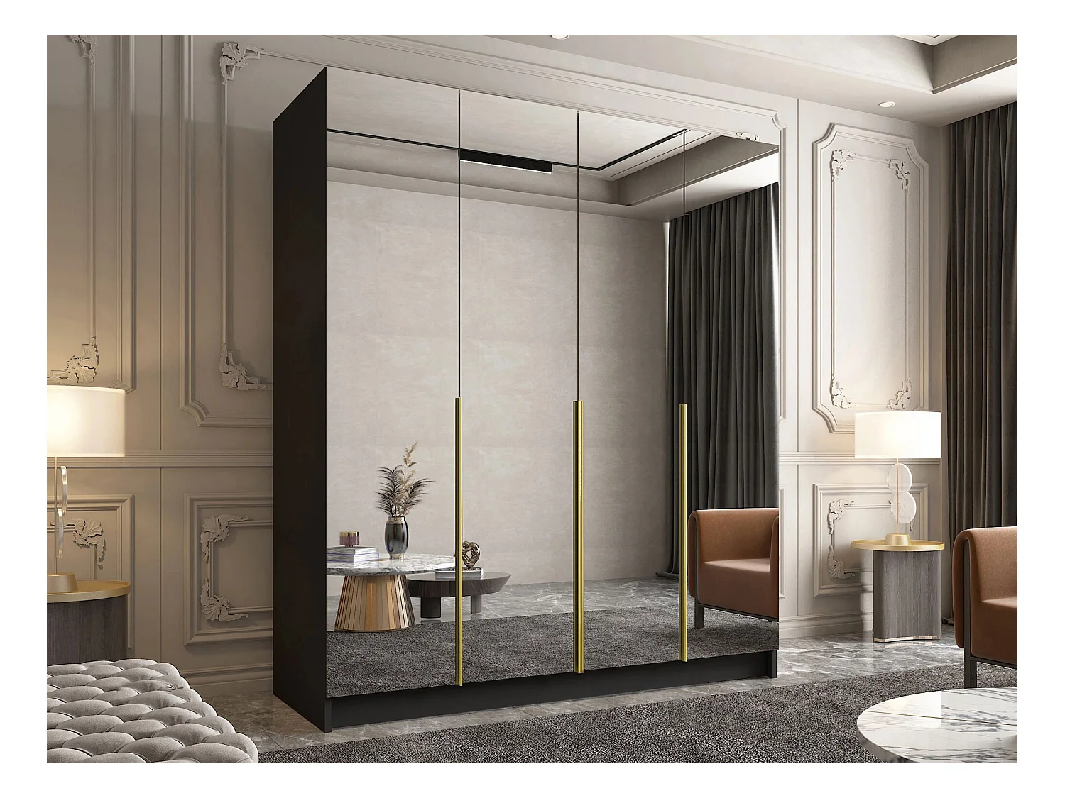 Armario Closico 190, Dorado|Negro, 215x200x58cm, Puertas de armario: Con bisagras