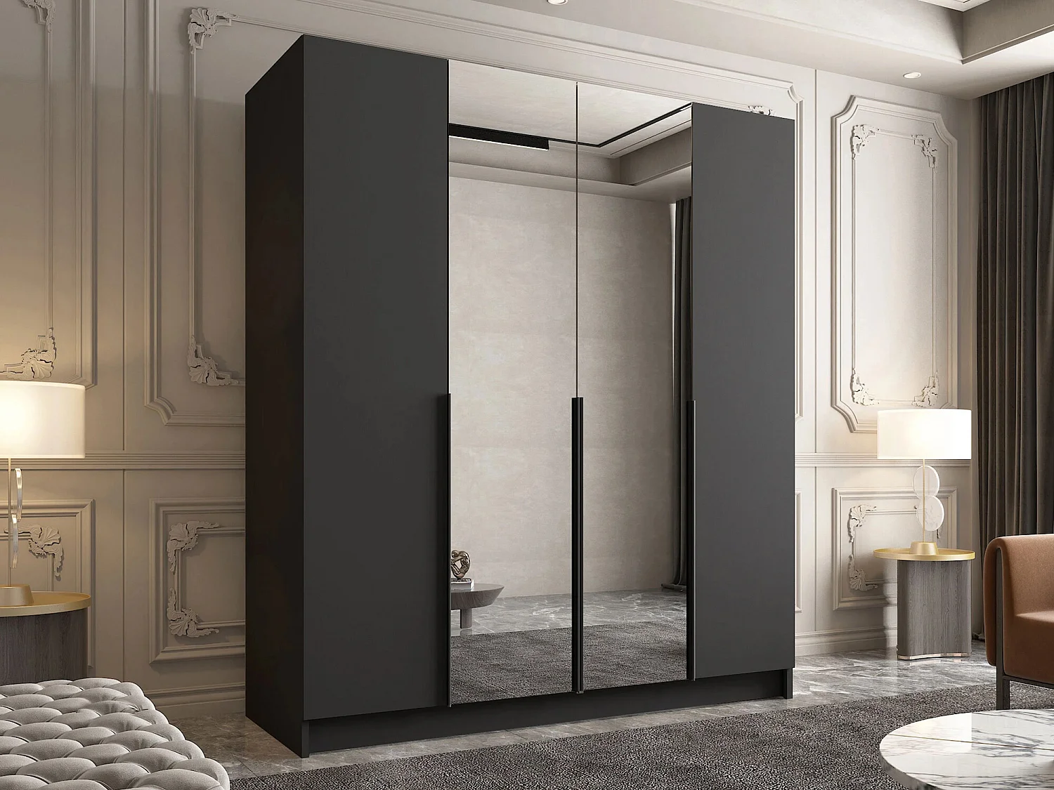 Armoire Closico 191, Noir, 215x200x58cm, Portes d'armoire: Avec des charnières