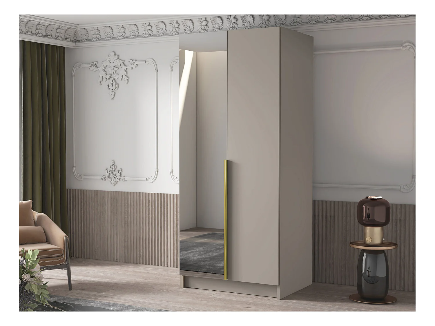 Armoire Closico 194, Cachemire|Doré, 215x100x58cm, Portes d'armoire: Avec des charnières