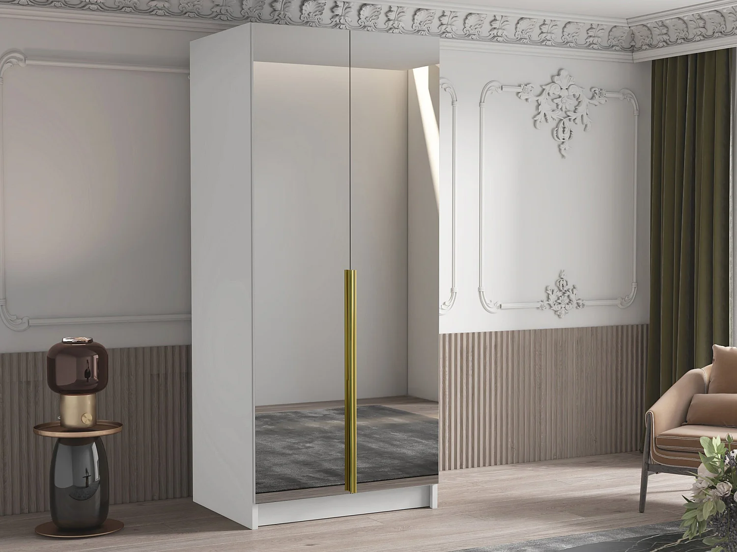 Armario Closico 193, Dorado|Blanco, 215x100x58cm, Puertas de armario: Con bisagras