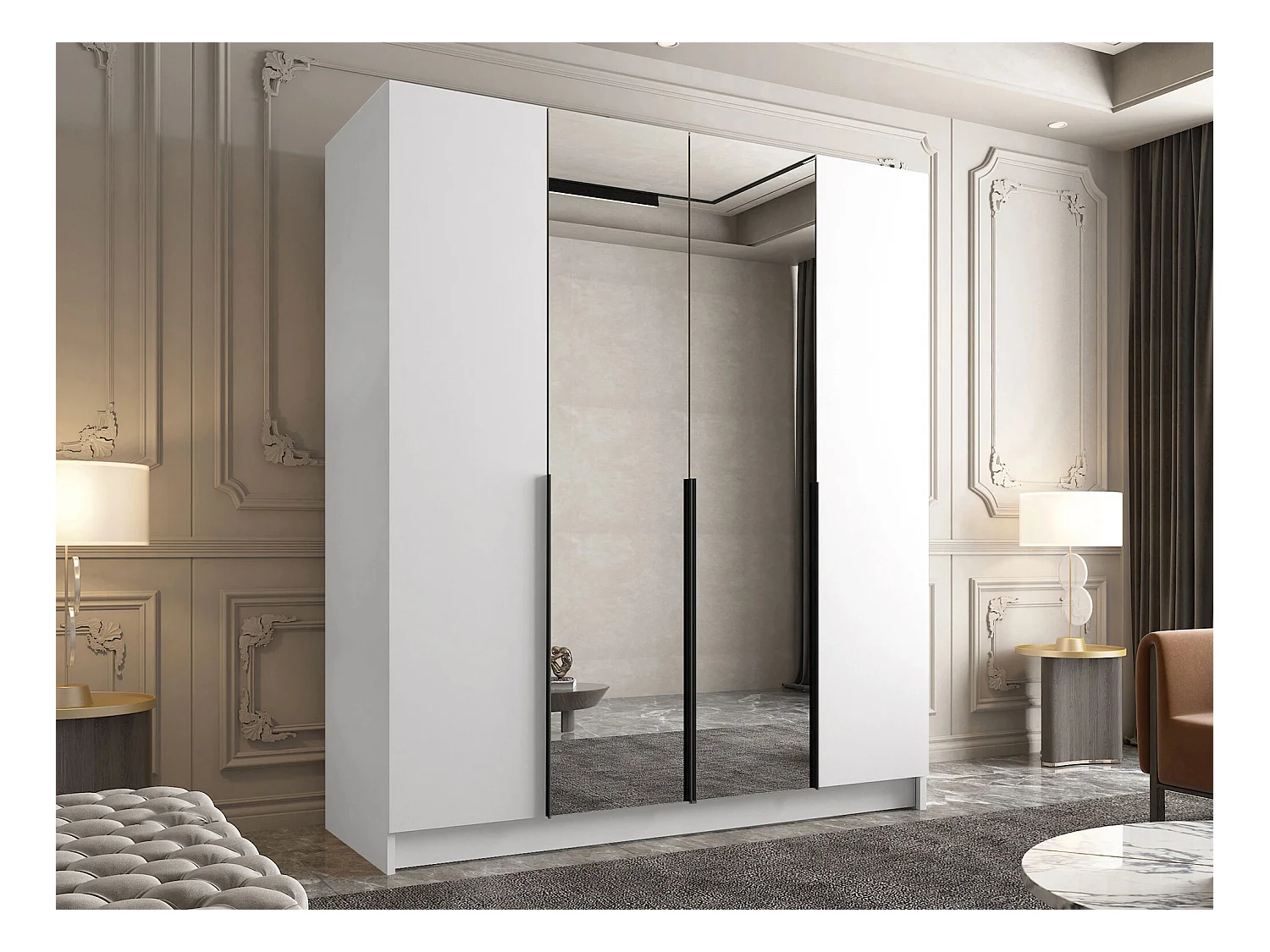 Armoire Closico 191, Blanc|Noir, 215x200x58cm, Portes d'armoire: Avec des charnières