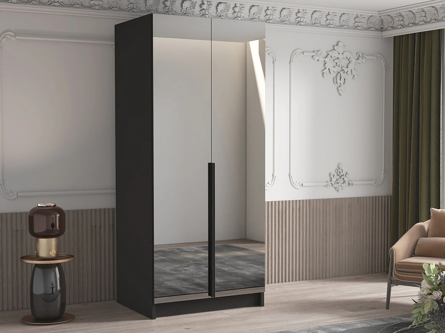 Armoire Closico 193, Noir, 215x100x58cm, Portes d'armoire: Avec des charnières