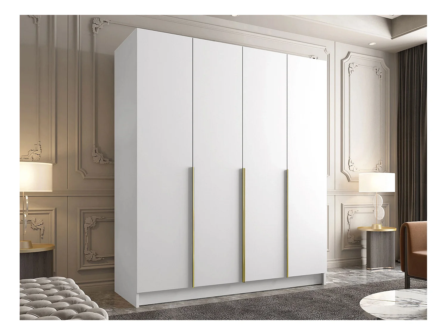 Armoire Closico 192, Doré|Blanc, 215x200x58cm, Portes d'armoire: Avec des charnières
