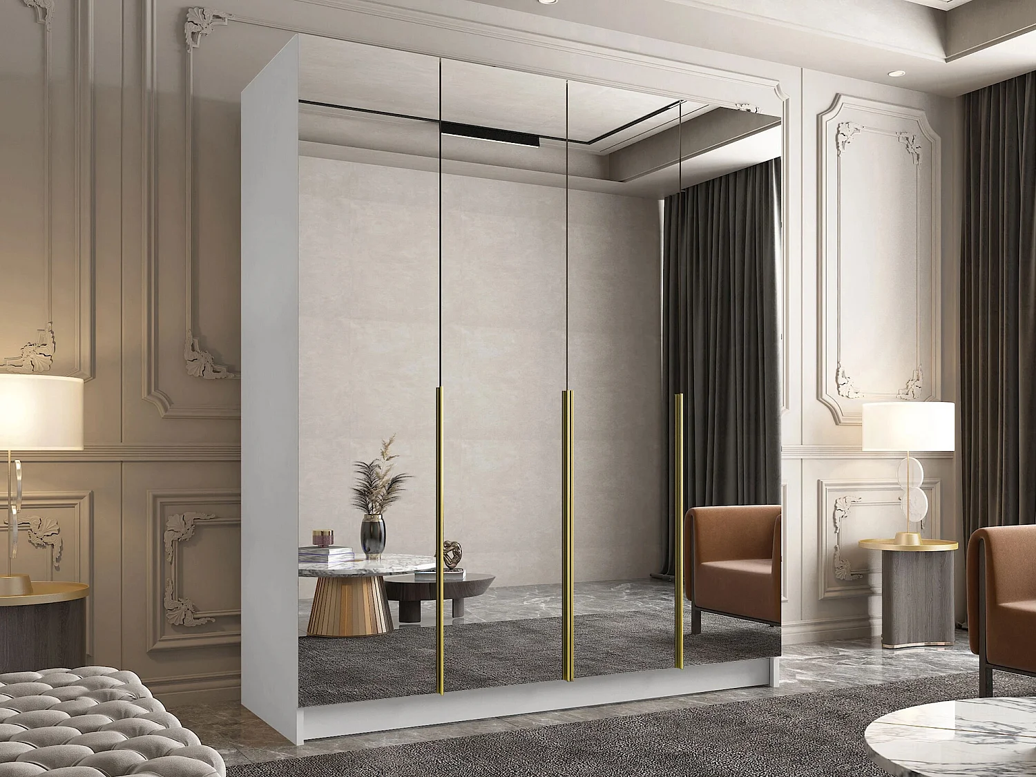 Armoire Closico 190, Blanc|Doré, 215x200x58cm, Portes d'armoire: Avec des charnières