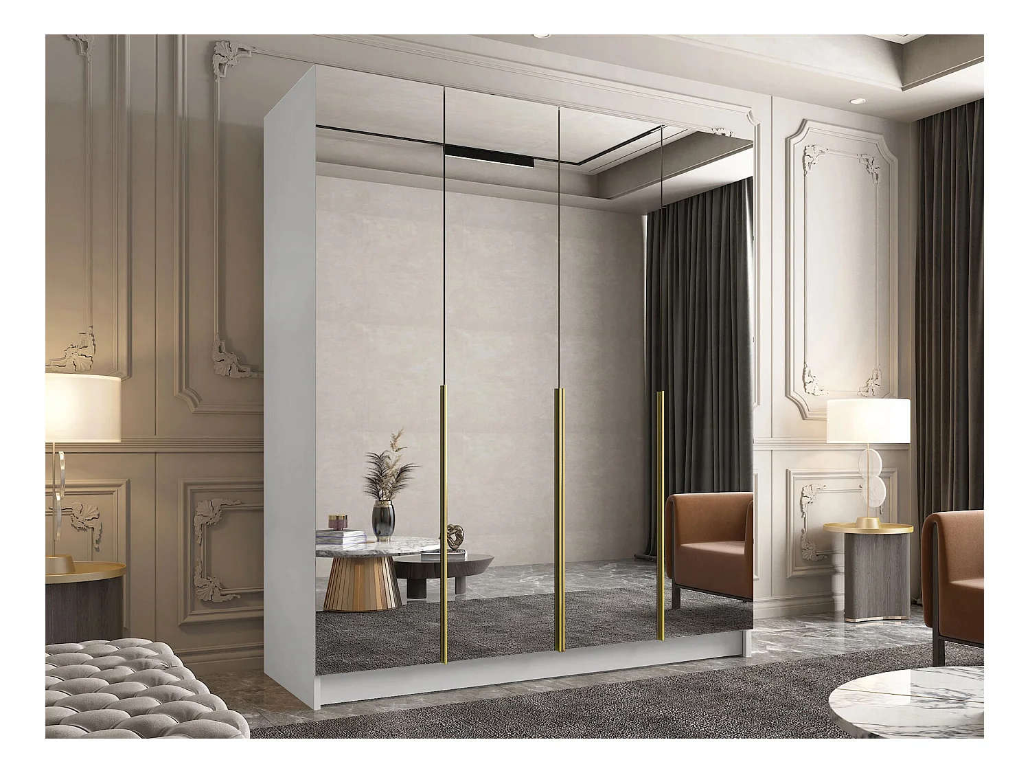 Armoire Closico 190, Doré|Blanc, 215x200x58cm, Portes d'armoire: Avec des charnières
