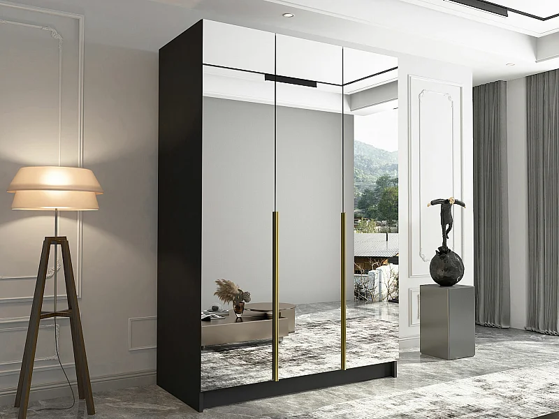 Armario Closico 196, Negro|Dorado, 215x150x58cm, Puertas de armario: Con bisagras