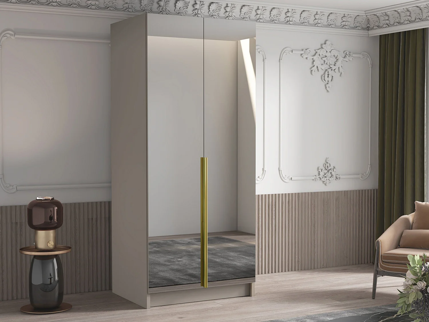 Armoire Closico 193, Cachemire|Doré, 215x100x58cm, Portes d'armoire: Avec des charnières