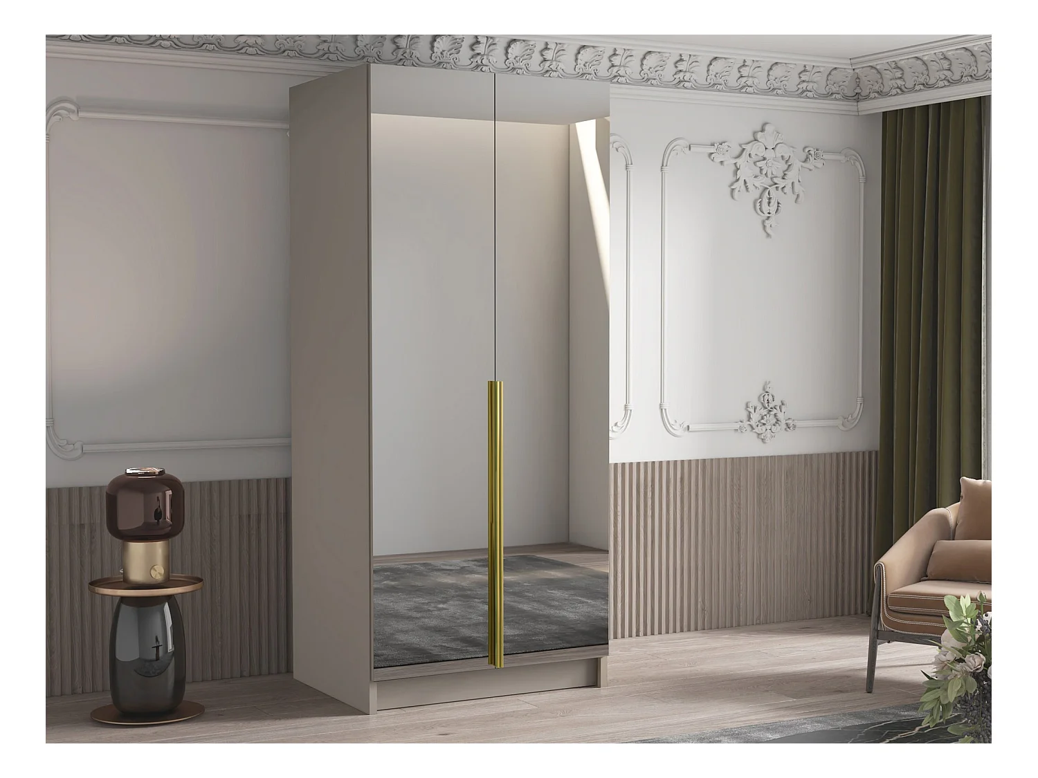 Armoire Closico 193, Cachemire|Doré, 215x100x58cm, Portes d'armoire: Avec des charnières