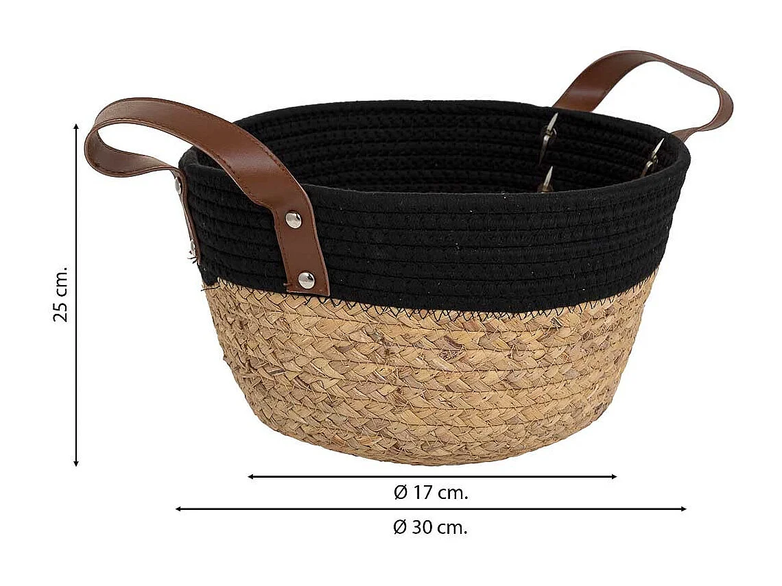 Korb aus Naturfaser und schwarzer Baumwolle, D30x17/25h cm