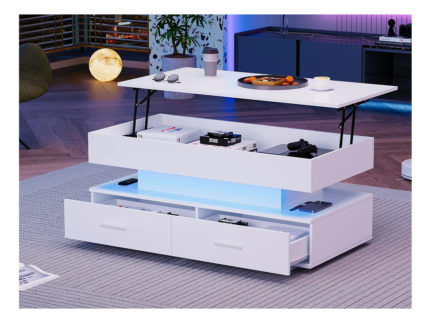 Table basse réglable en hauteur avec LED - 2 tiroirs - contrôlé par APP - Blanc