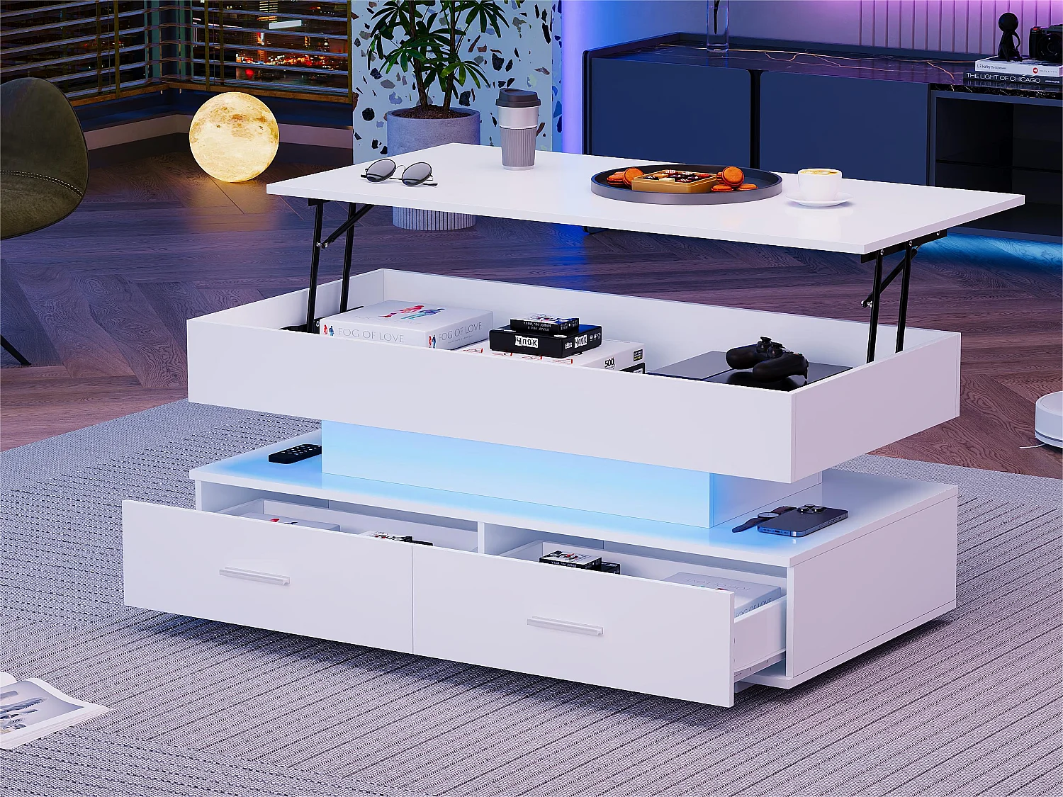 In hoogte verstelbare salontafel met LED - 2 lades - APP bestuurbaar - Wit