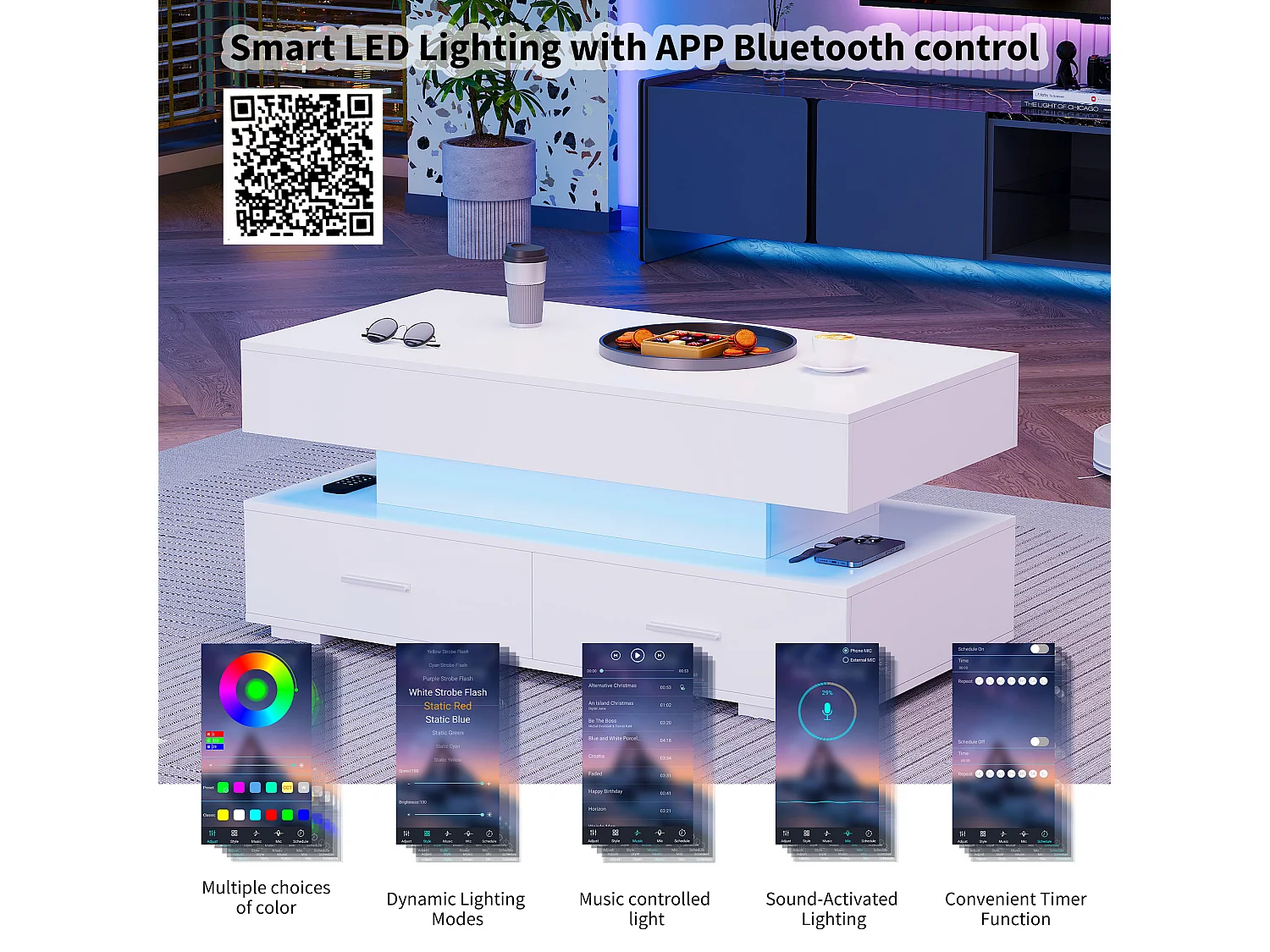 Table basse réglable en hauteur avec LED - 2 tiroirs - contrôlé par APP - Blanc