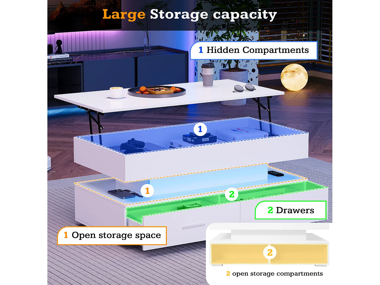 Table basse réglable en hauteur avec LED - 2 tiroirs - contrôlé par APP - Blanc