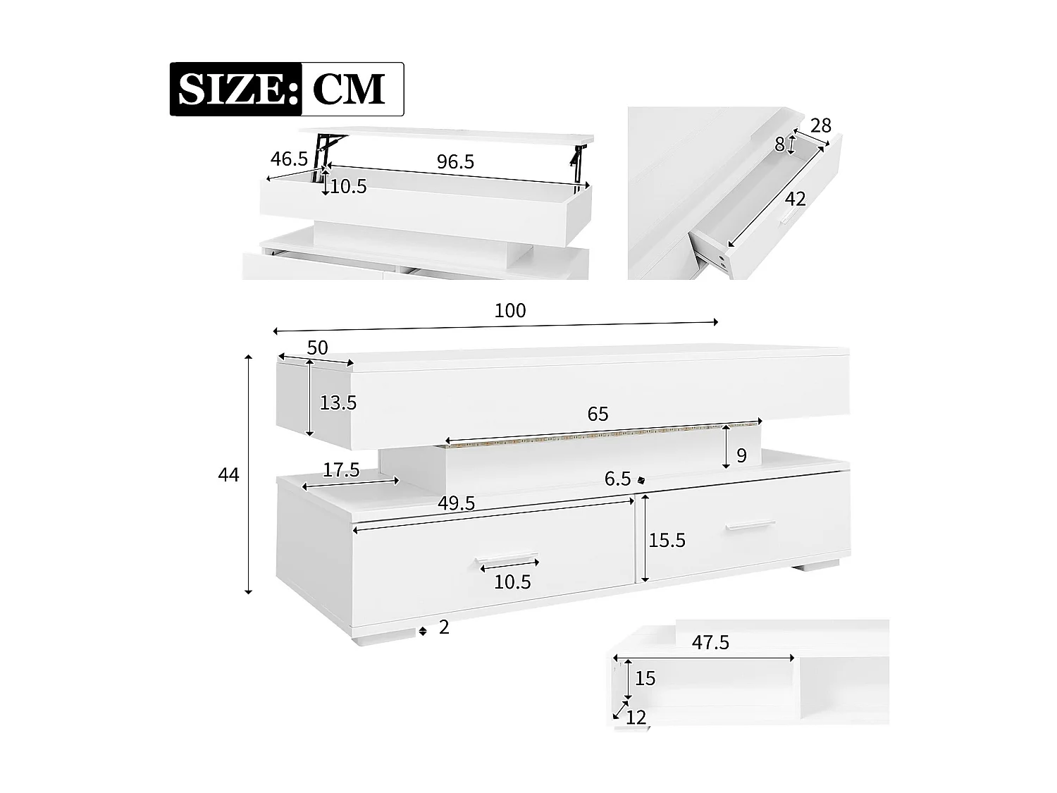Table basse réglable en hauteur avec LED - 2 tiroirs - contrôlé par APP - Blanc