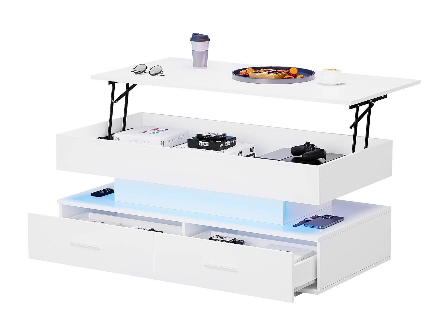 Table basse réglable en hauteur avec LED - 2 tiroirs - contrôlé par APP - Blanc
