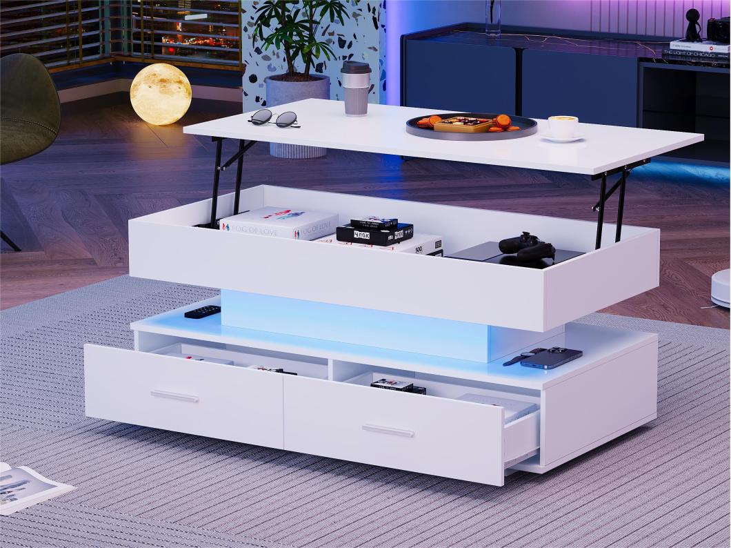 Mesa de centro regulable en altura con LED - 2 cajones - Controlada por APP - Blanco