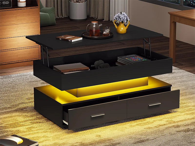 Mesa de centro regulable en altura con LED - 2 cajones - Controlada por APP - Negro