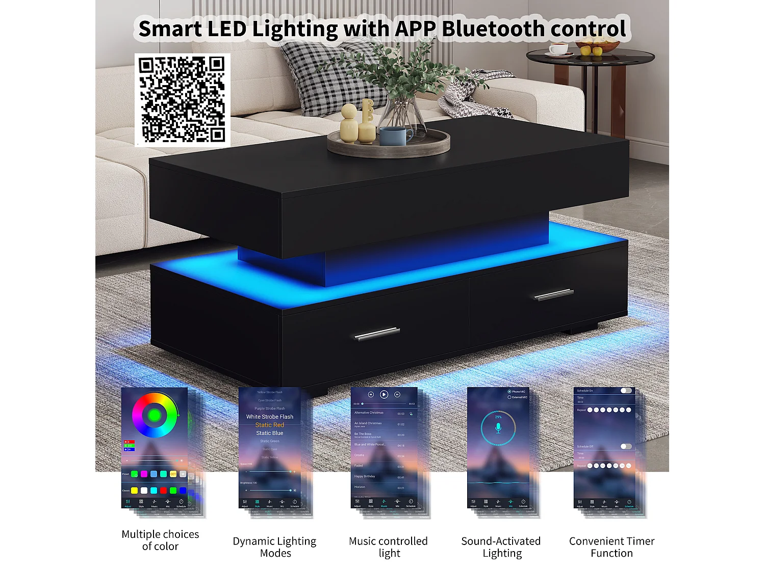 Höhenverstellbarer Couchtisch mit LED – 2 Schubladen – APP-gesteuert – Schwarz