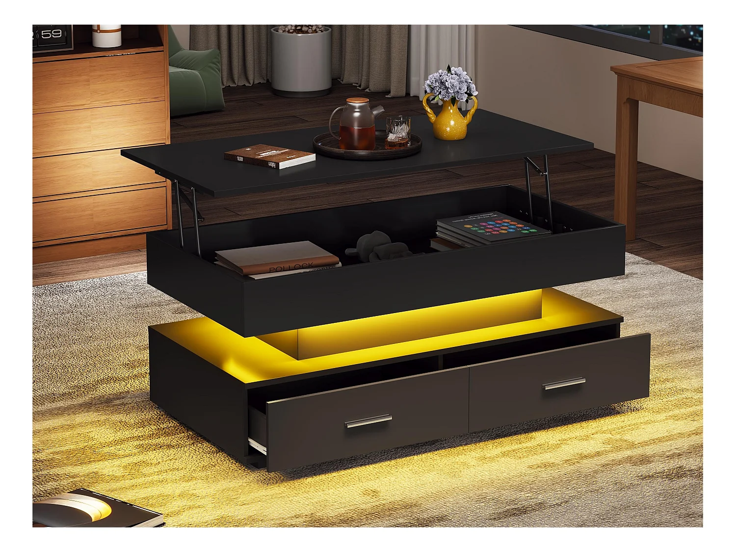Table basse réglable en hauteur avec LED - 2 tiroirs - contrôlé par APP - Noir