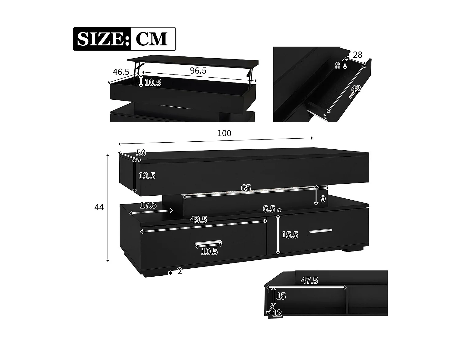 Mesa de centro regulable en altura con LED - 2 cajones - Controlada por APP - Negro