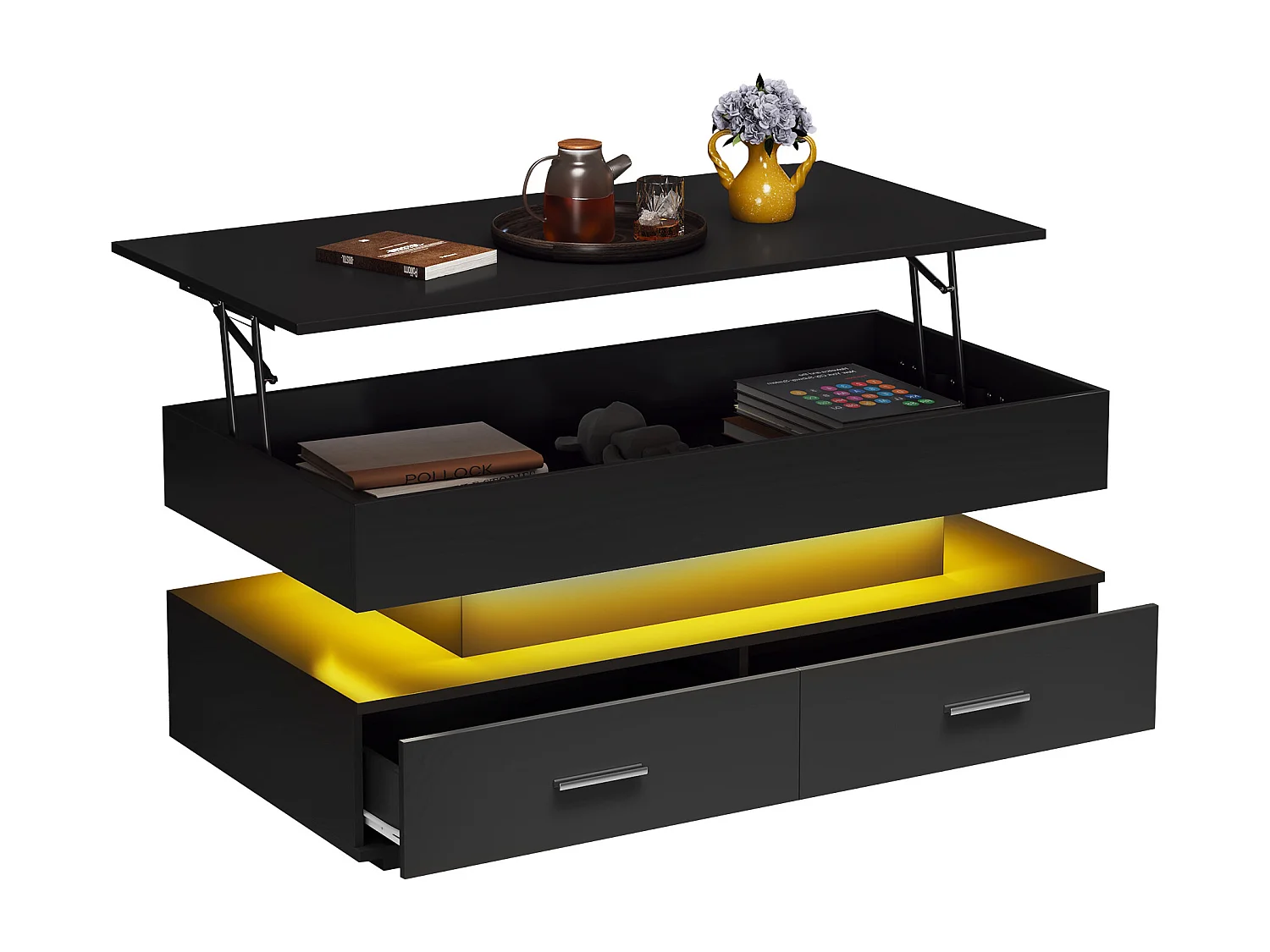 Mesa de centro regulable en altura con LED - 2 cajones - Controlada por APP - Negro