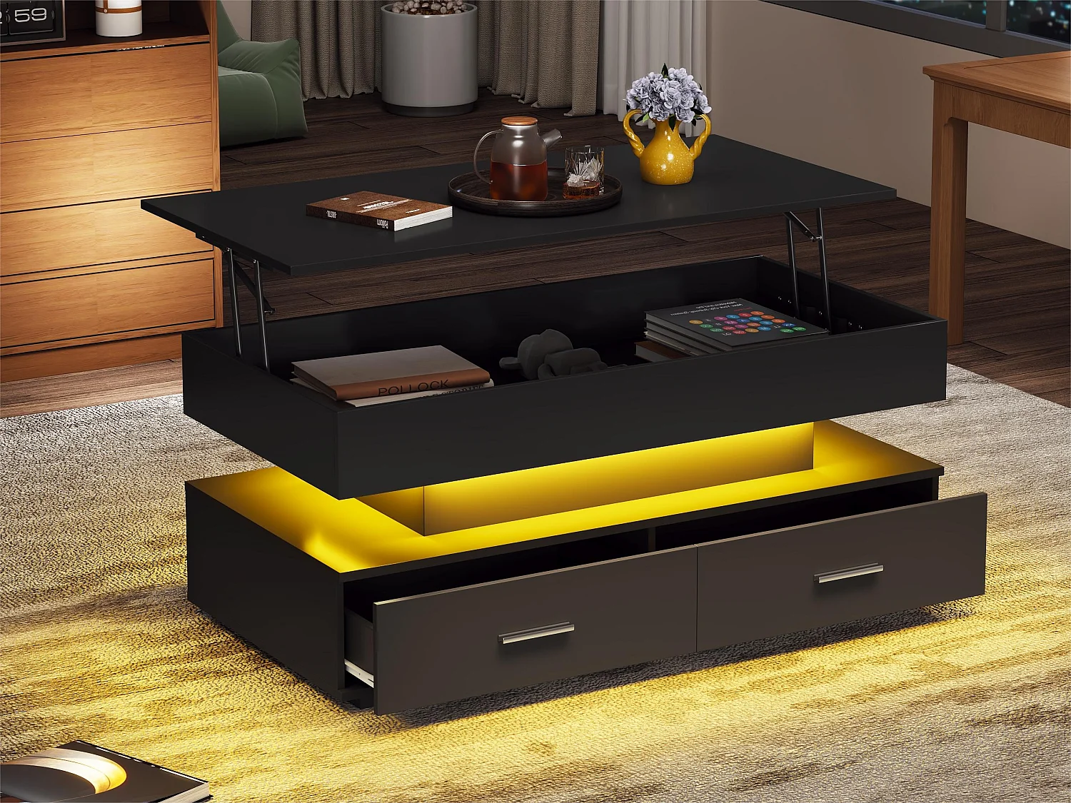 Table basse réglable en hauteur avec LED - 2 tiroirs - contrôlé par APP - Noir