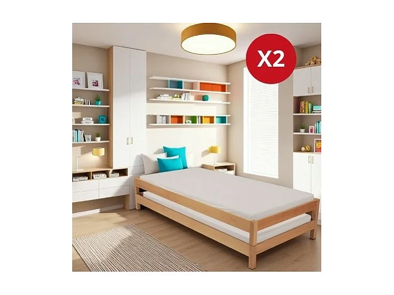 Lit empilable JONAS 90x200 (lot de deux lits)+ 2 sommiers / Hêtre