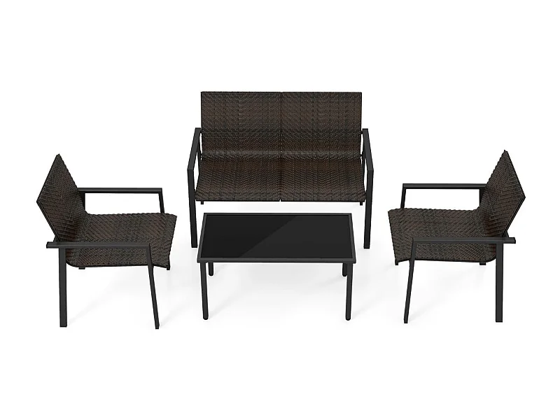 4-delige rieten tuinmeubelset, belasting 150-300 kg, gegalvaniseerd metalen frame tuinmeubelset met gehard glazen salontafel (bruin)