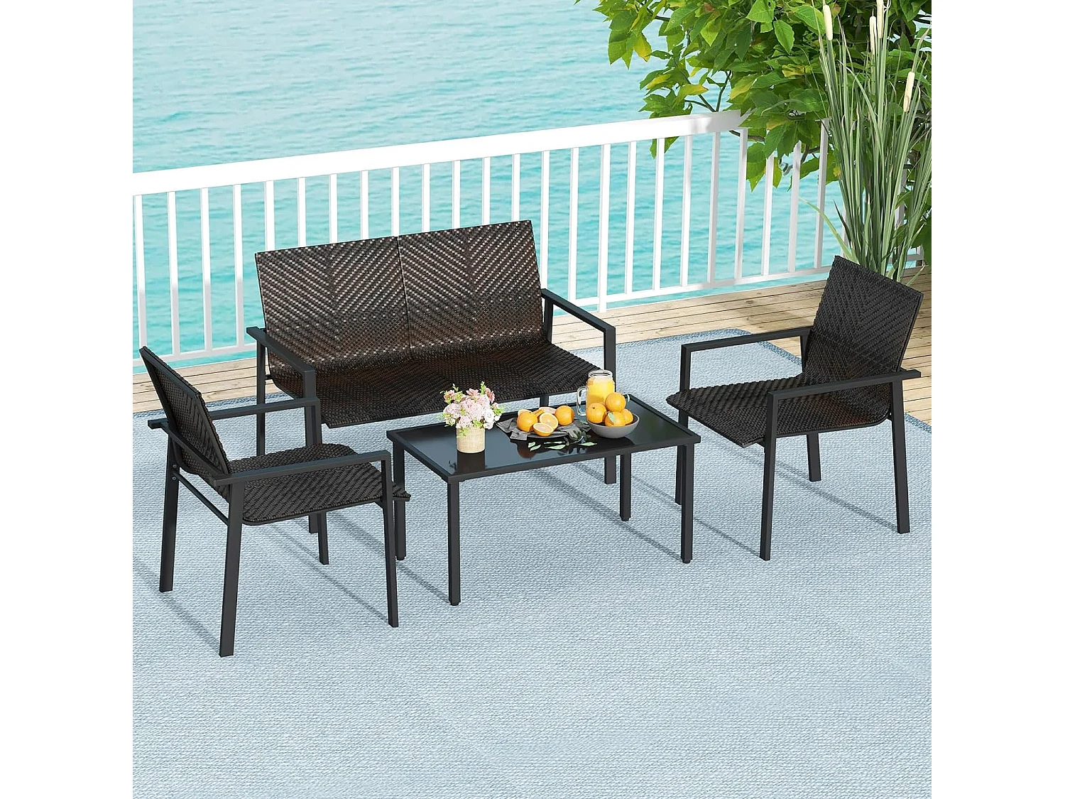 Salon de Jardin 4 Pièces en Osier Charge 150-300KG, Ensemble de Meubles de Patio avec Cadre en Métal Galvanisé et Table Basse en Verre Trempé (Marron)