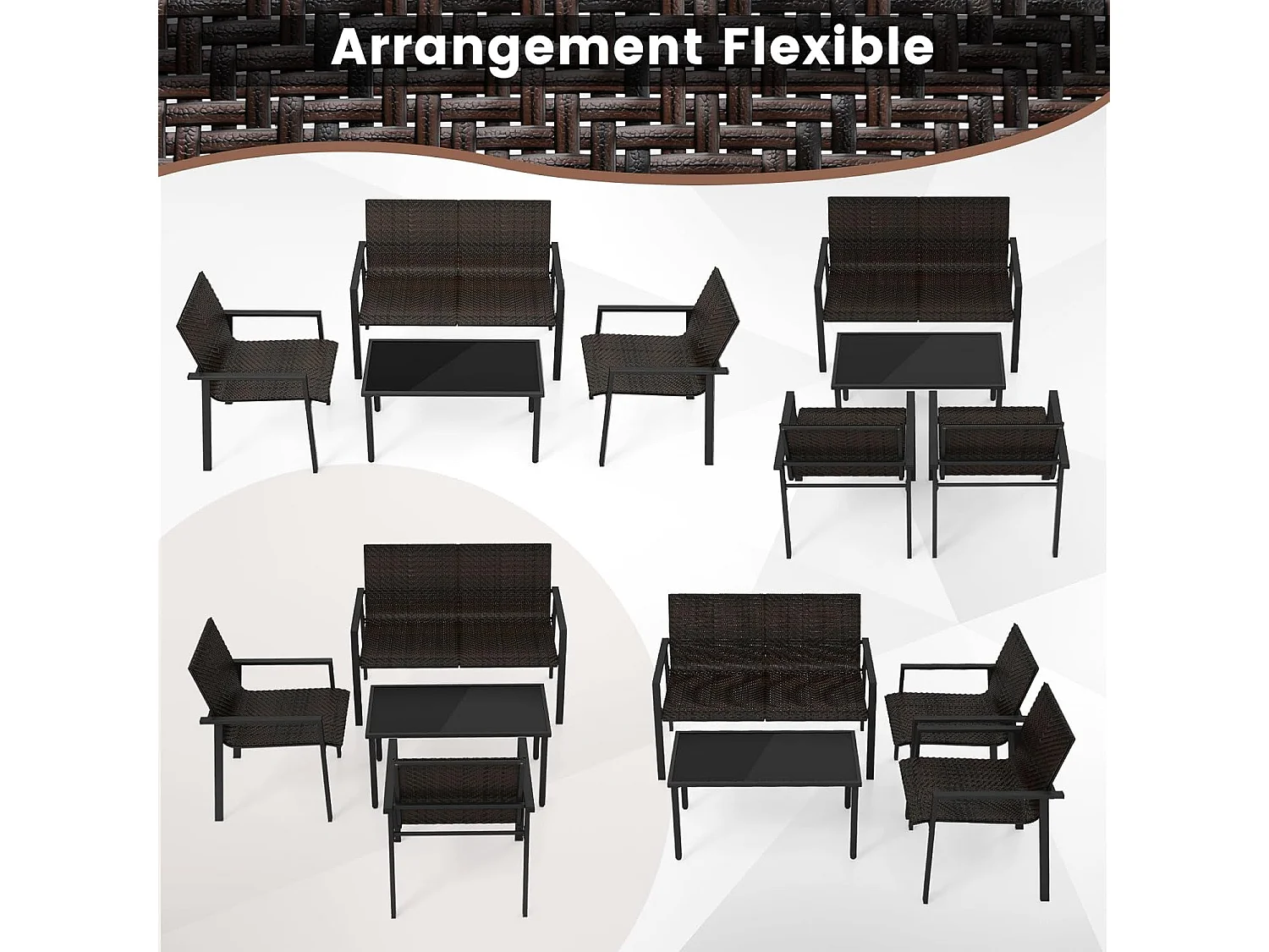 Salon de Jardin 4 Pièces en Osier Charge 150-300KG, Ensemble de Meubles de Patio avec Cadre en Métal Galvanisé et Table Basse en Verre Trempé (Marron)