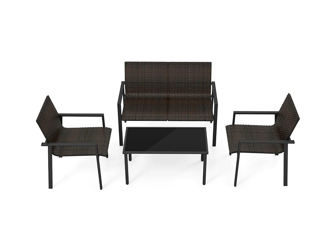 Salon de Jardin 4 Pièces en Osier Charge 150-300KG, Ensemble de Meubles de Patio avec Cadre en Métal Galvanisé et Table Basse en Verre Trempé (Marron)