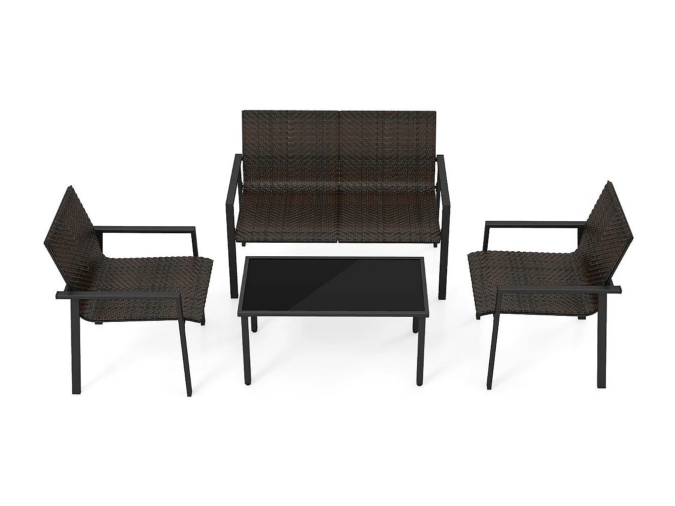 Salon de Jardin 4 Pièces en Osier Charge 150-300KG, Ensemble de Meubles de Patio avec Cadre en Métal Galvanisé et Table Basse en Verre Trempé (Marron)