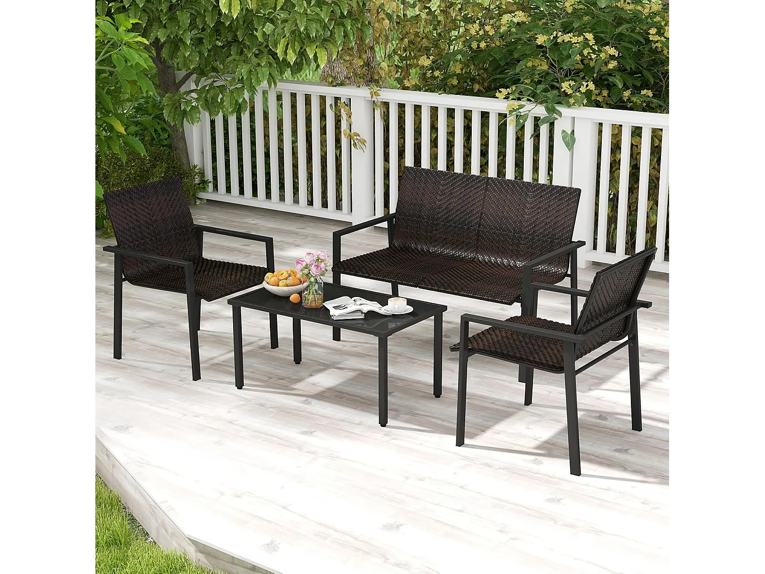 Salon de Jardin 4 Pièces en Osier Charge 150-300KG, Ensemble de Meubles de Patio avec Cadre en Métal Galvanisé et Table Basse en Verre Trempé (Marron)