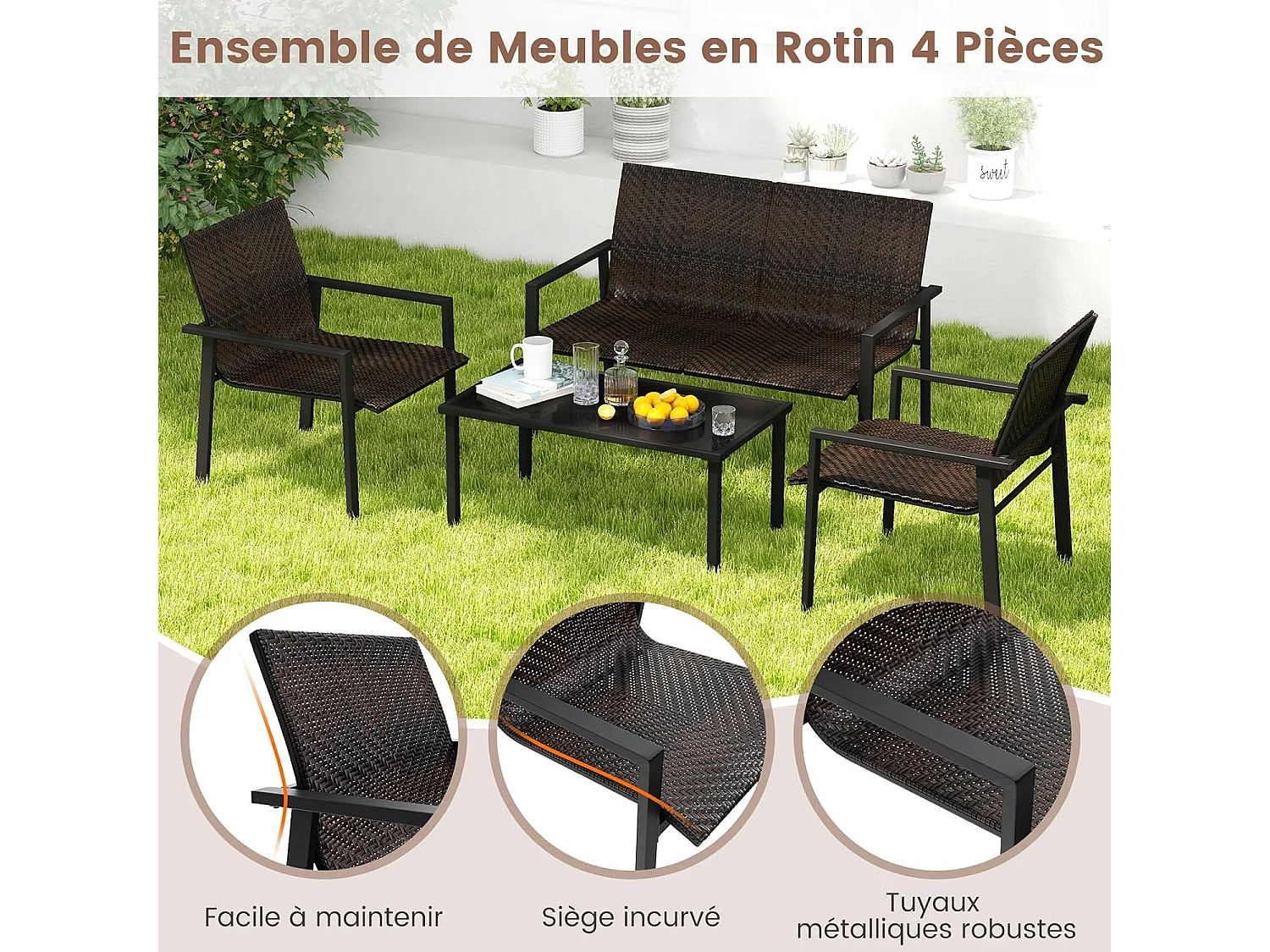 Salon de Jardin 4 Pièces en Osier Charge 150-300KG, Ensemble de Meubles de Patio avec Cadre en Métal Galvanisé et Table Basse en Verre Trempé (Marron)