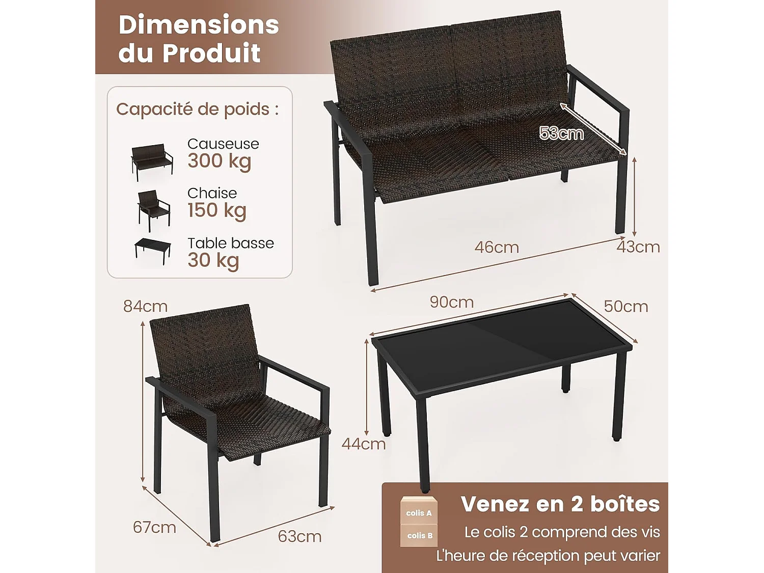 Salon de Jardin 4 Pièces en Osier Charge 150-300KG, Ensemble de Meubles de Patio avec Cadre en Métal Galvanisé et Table Basse en Verre Trempé (Marron)