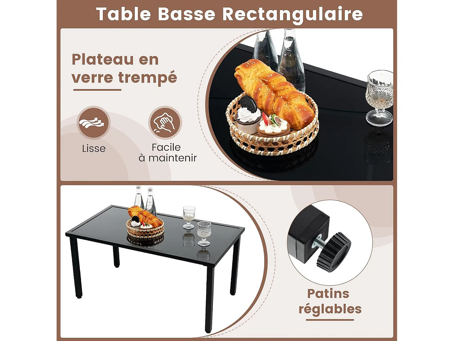 Salon de Jardin 4 Pièces en Osier Charge 150-300KG, Ensemble de Meubles de Patio avec Cadre en Métal Galvanisé et Table Basse en Verre Trempé (Marron)