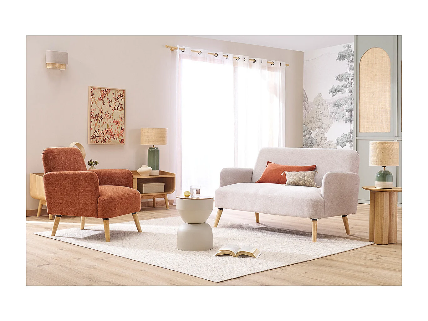 Skandinavisches Sofa aus beigem Stoff mit Samteffekt und hellem Holz 2-Sitzer ISKO