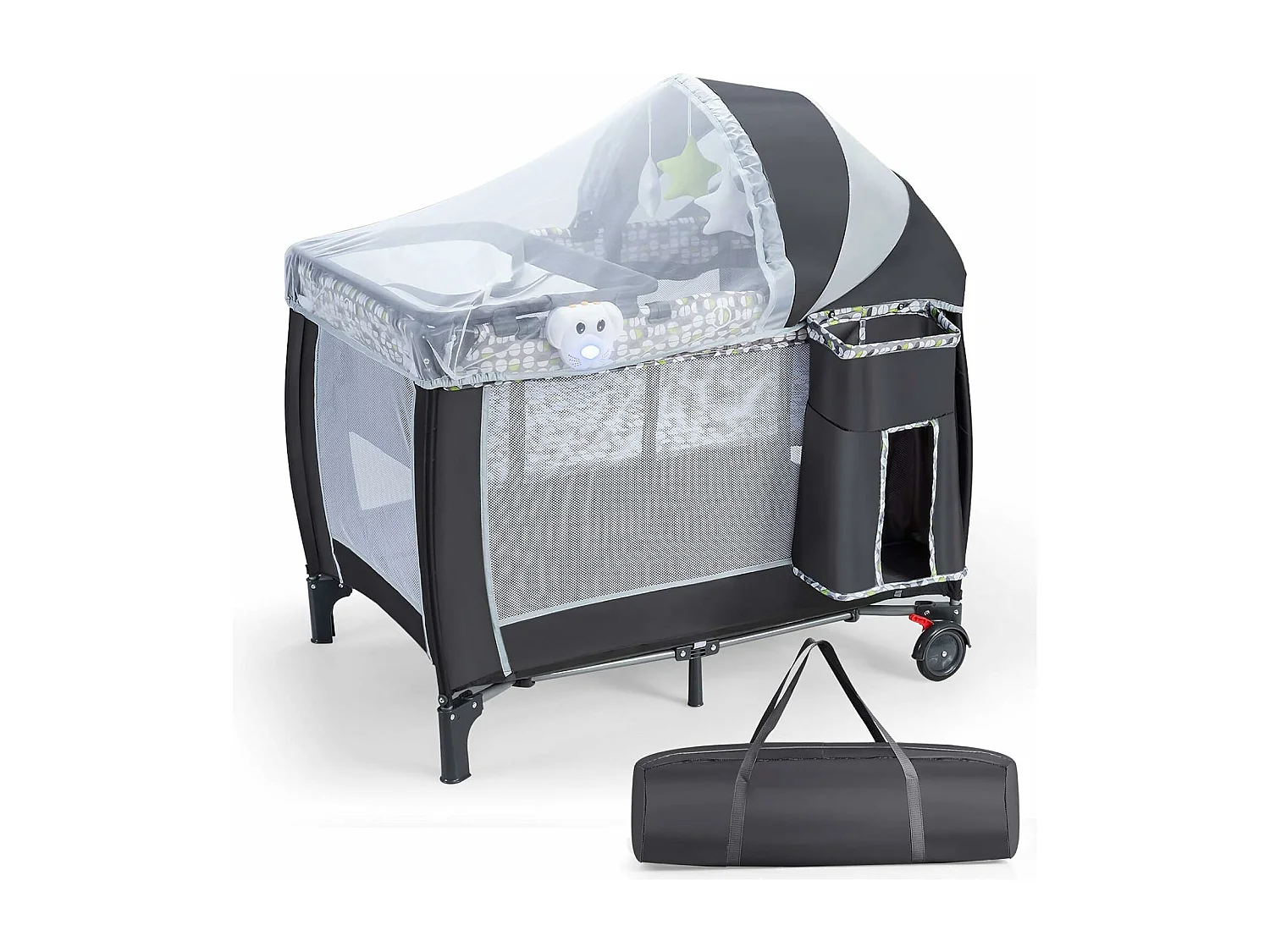 Lit Parapluie Bébé Pliant 4 en 1 avec Matelas,Filet Amovible Réglable,Table à Langer,Sac de Transport Roues Verrouillables