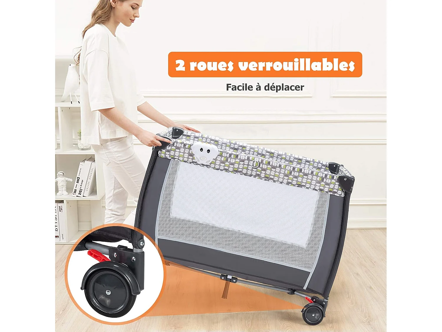 Lit Parapluie Bébé Pliant 4 en 1 avec Matelas,Filet Amovible Réglable,Table à Langer,Sac de Transport Roues Verrouillables