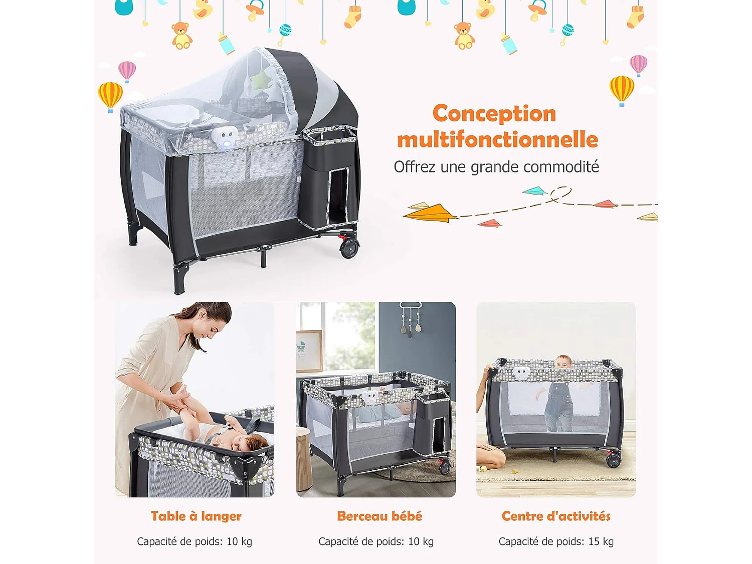 Lit Parapluie Bébé Pliant 4 en 1 avec Matelas,Filet Amovible Réglable,Table à Langer,Sac de Transport Roues Verrouillables