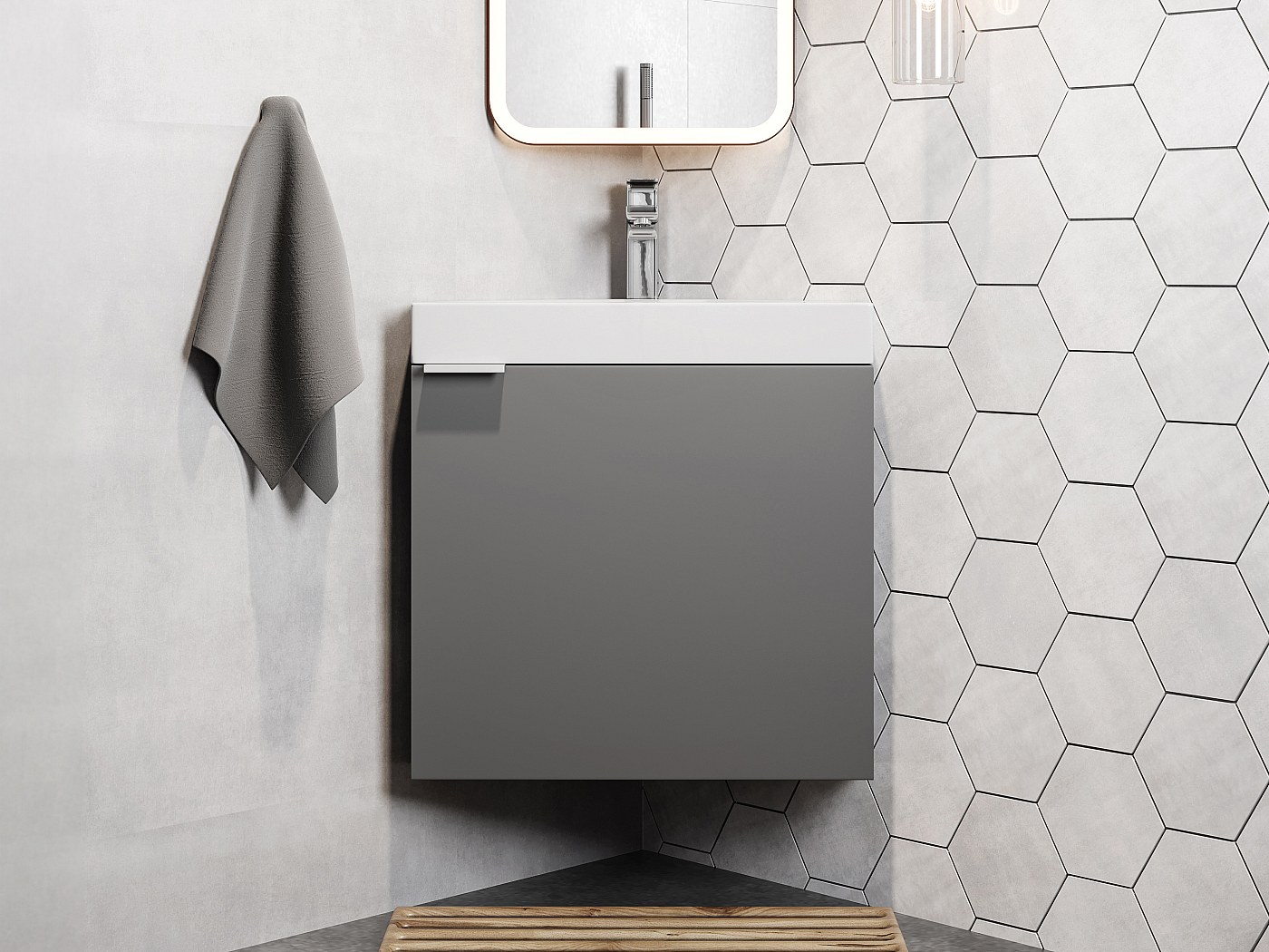 Meuble lave-main d'angle suspendu gris mat avec vasque L56 x H50 x P39