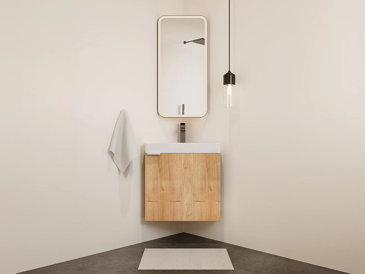 Meuble lave-main d'angle suspendu naturel clair - 56 cm - MANODO