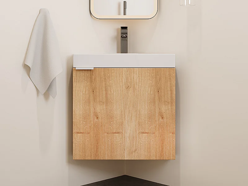 Meuble lave-main d'angle suspendu naturel clair - 56 cm - MANODO