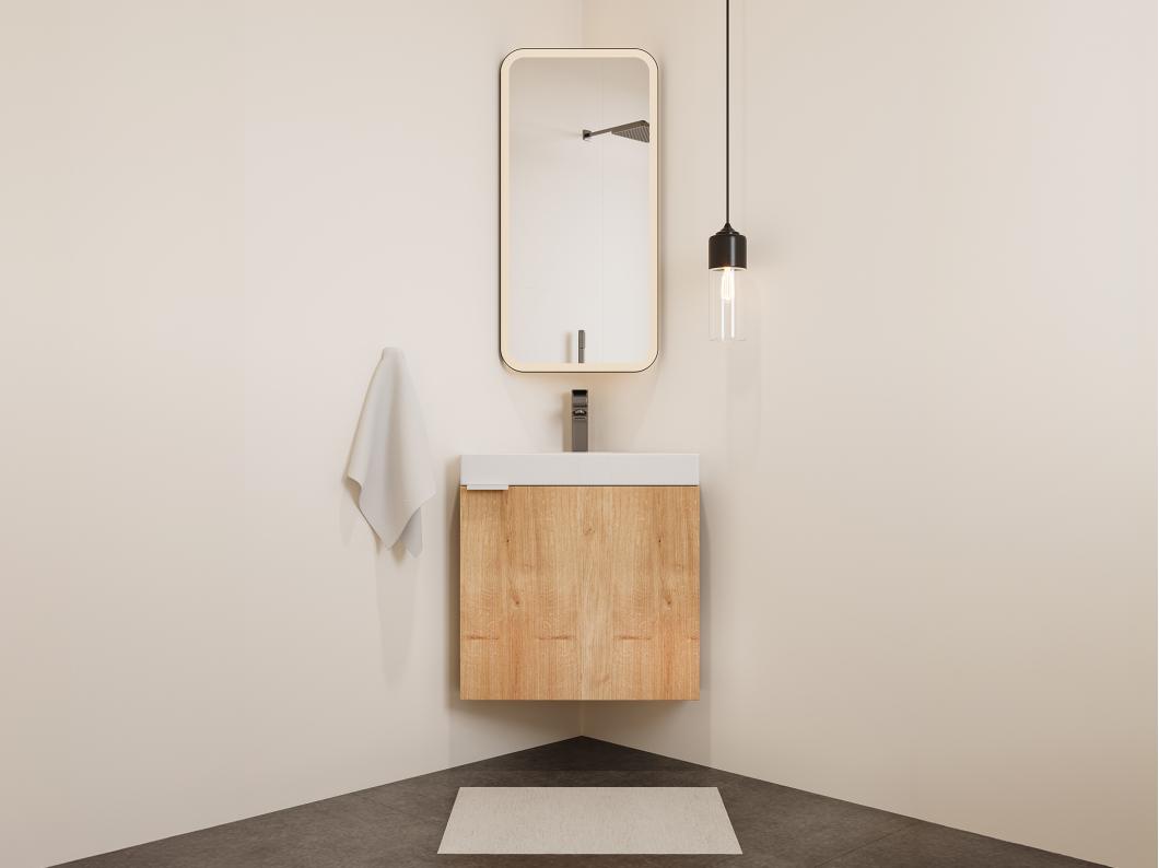 Mueble flotante esquinero con lavabo en color natural claro - 56 cm - MANODO