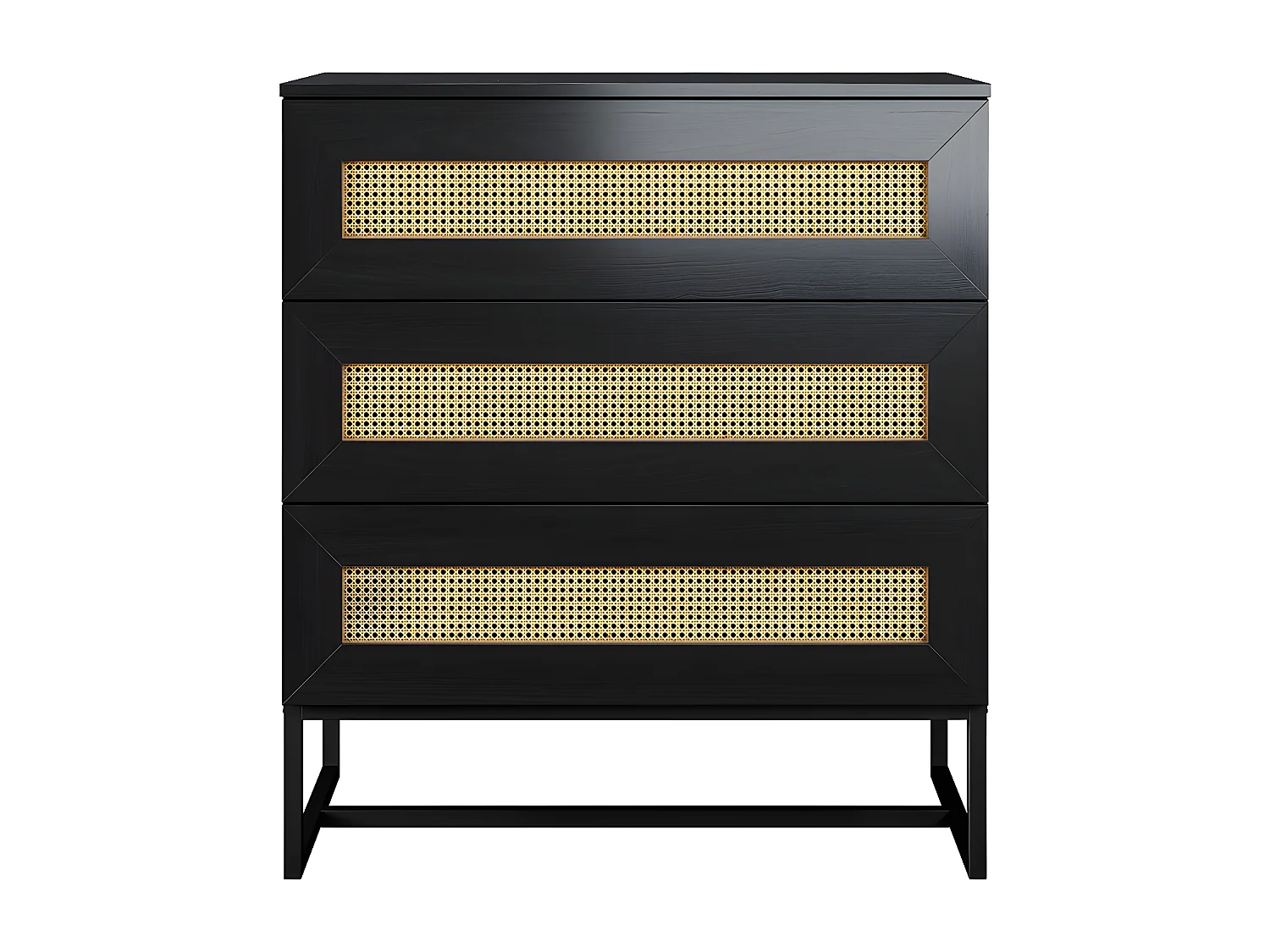 Sideboard mit 3 Schubladen in Schwarz mit Rattan-Einsätzen, 80 cm - KERALS